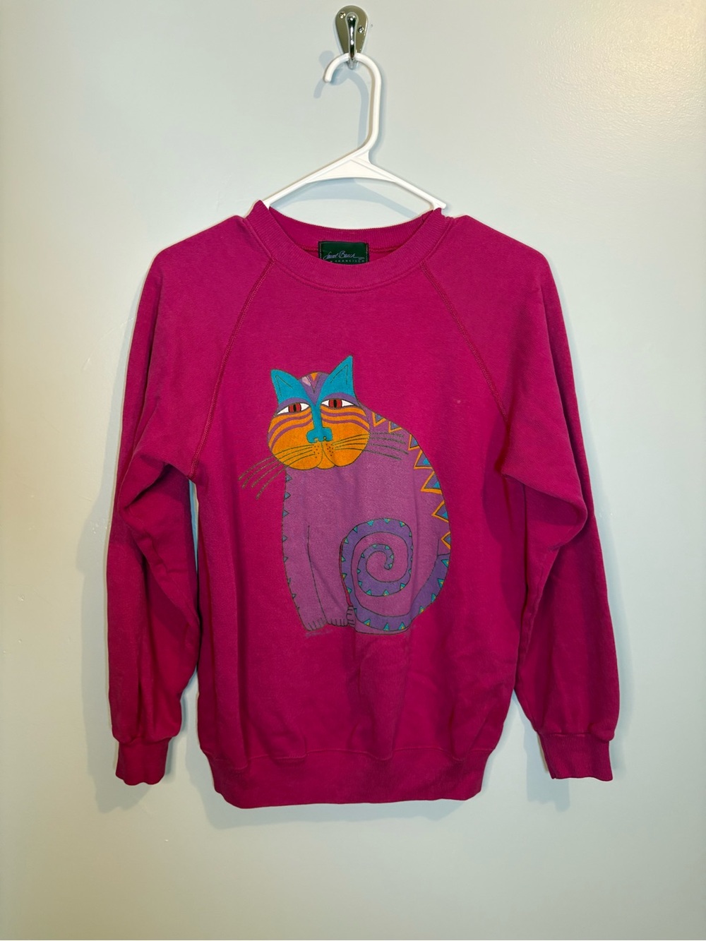 Vintage Laurel Burch Hanes Cat Graphic Crewneck Sweatshirt Medium Fuchsia 90s